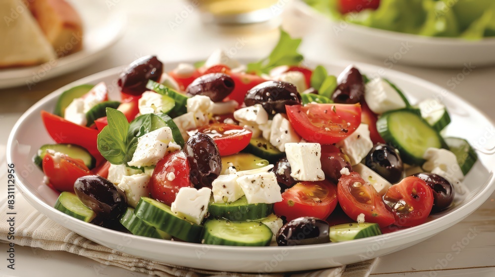 Enjoy the wholesome goodness of Mediterranean cuisine with a Greek salad, combining crisp cucumbers, juicy tomatoes, tangy feta cheese, and Kalamata olives, drizzled with olive oil.