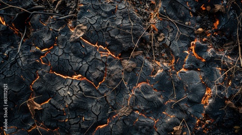 Close-up of scorched earth and burnt vegetation in a forest fire zone, demonstrating the environmental damage caused by wildfires photo