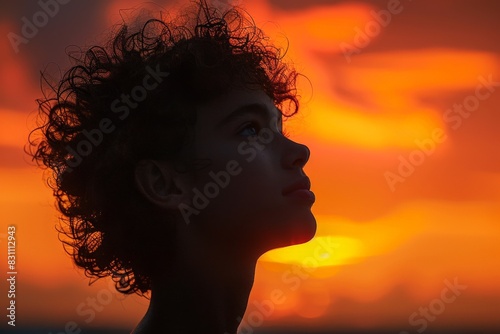 A dramatic silhouette against a vivid sunset sky with intentional face blurring for privacy