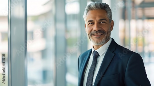 Happy mature male business leader head shot portrait Confident middle aged 50s businessman CEO executive in formal suit looking at camera smiling standing at office window Job success    Generative AI