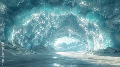 Mystical Ice Cave Passage Illuminated by Ethereal Light