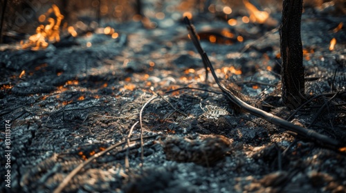 Close-up of scorched earth and burnt vegetation in a forest fire zone, demonstrating the environmental damage caused by wildfires