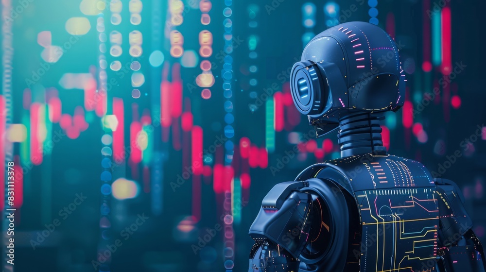 A robot is upright in front of a vibrant and multicolored backdrop, showcasing its futuristic design. A robot is upright in front of a vibrant and multicolored backdrop, showcasing its futuristic design.