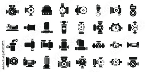 Water circulation pump icons set vector. A collection of black and white icons of various plumbing and electrical equipment. The icons are arranged in a grid, with some overlapping each other. Scene