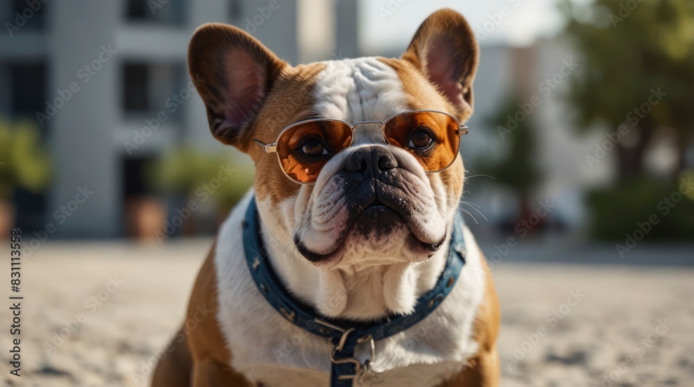 Cheerful cartoon bulldog with sunglasses adds a pop of color to the scene against a pristine white background in 4K