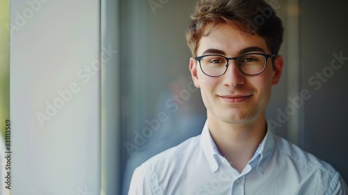 Portrait of young businessman wearing eyeglasses and standing outside conference room Portrait of happy business man wearing spectacles and looking at camera with copy space Satisfied  : Generative AI © AI Lab