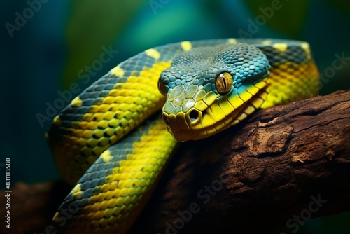 Vibrant green and yellow snake coiled on a branch in a tropical rainforest, showcasing its striking scales and piercing eyes.