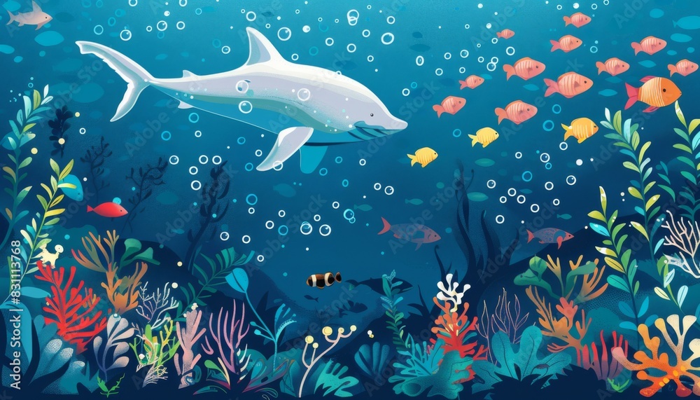 Fish and coral reefs under the sea. Underwater world with seaweeds and sea animals