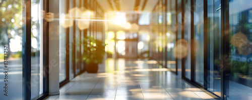 Blurred defocused sunlight in modern office hallway with glass window around