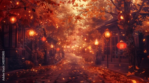 Pastel-toned background of a charming autumn street with lanterns and fallen leaves.