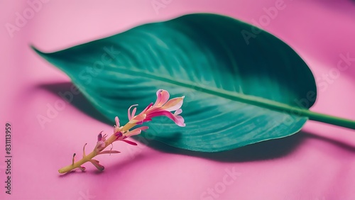 A green leave laying underneath a pink background with a flower