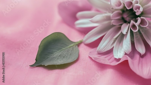 A green leave laying underneath a pink background with a flower