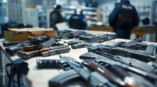 Police Station's Evidence Table Displaying Seized Weapons: A Statement on Law Enforcement's Role in photo