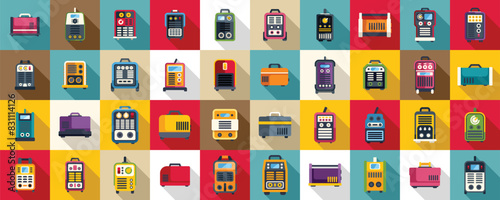 Welding machine icons set vector. A collection of various types of luggage, including backpacks, suitcases, and handbags. The image is a colorful and vibrant display of different shapes and sizes