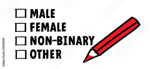 Check box, fill in gender list: male, female, non-binary or transgender. Filling in the questionnaire, documents. Choice of sex in the questionnaire. Survey question: man, woman. Question mark.