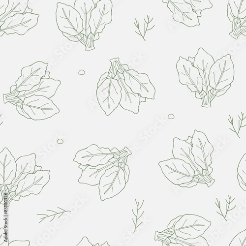 Green contour drawing of spinach on a pastel background. Seamless pattern. Hand-drawn green stroke of leaves. Vegetable background for paper, cover, textile, dishes, interior decor.