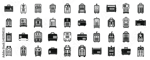 Welding machine icons set vector. A collection of various tools and equipment, including a backpack, a suitcase, and a toaster