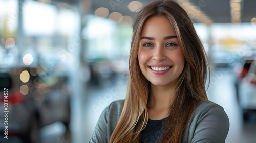 Smiling Young Businesswoman in Car Dealership