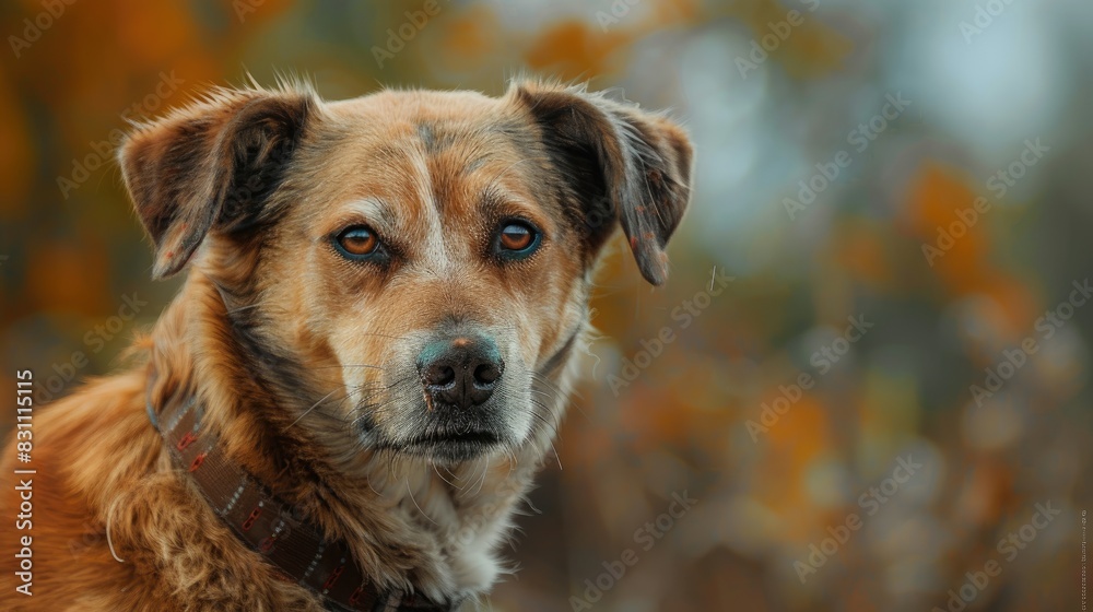 Portrait of an aged sorrowful canine displaying a collar in front of a blurred backdrop Picture of a large Alabai breed canine with a charming face