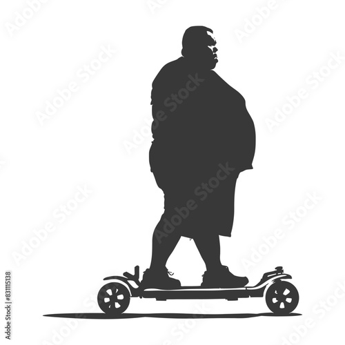silhouette fat man riding hoverboard full body black color only