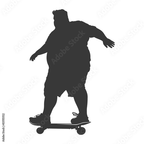 silhouette fat man riding hoverboard full body black color only