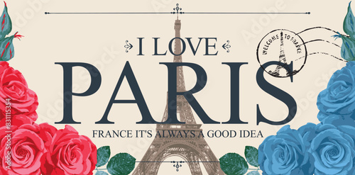 Retro postcard with Eiffel tower in Paris, France. Romantic vector postcard in vintage style with color france flag roses, rubber stamp and words I love Paris on background of old paper