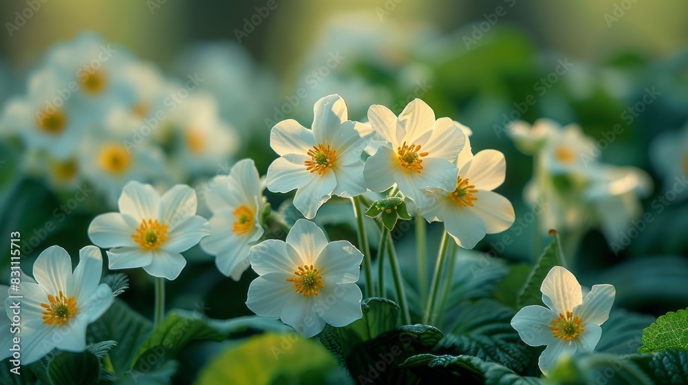 A bunch of white daisies are in full bloom, with the sun shining on them A bunch of white daisies are in full bloom, with the sun shining on them