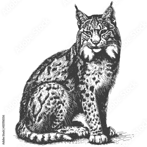 bobcat animal with engraving sketch style black color only photo