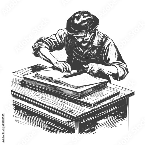 bookbinding in action with engraving sketch style black color only