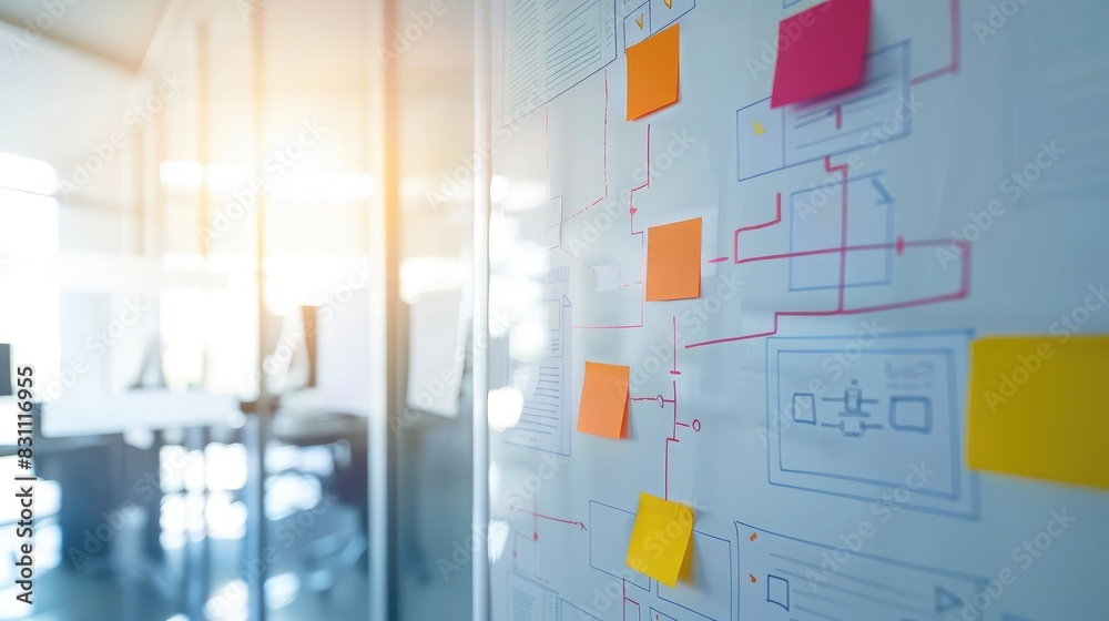 Fototapeta premium Business strategy flowcharts and post-it notes on a whiteboard, illustrating brainstorming and planning
