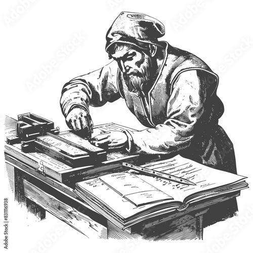 bookbinding in action with engraving sketch style black color only