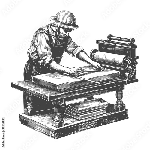 bookbinding in action with engraving sketch style black color only