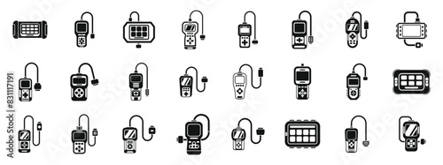 Car diagnostic scanner icons set vector. A collection of electronic devices including a cell phone, a remote control, and a video game controller