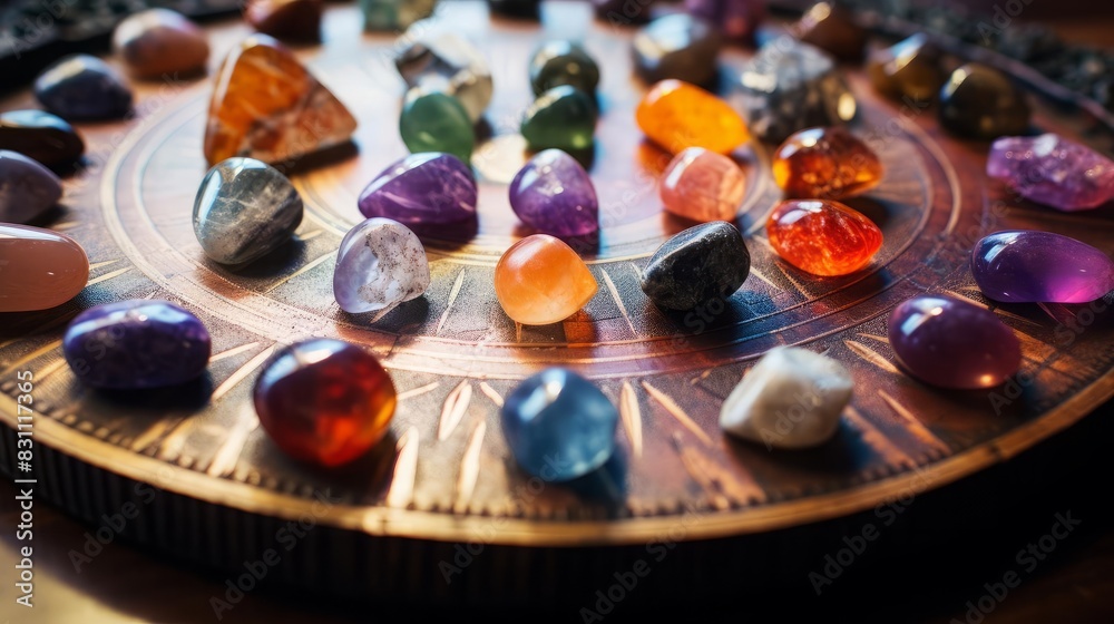 Crystal healing grid, with stones placed in a specific pattern for spiritual focus