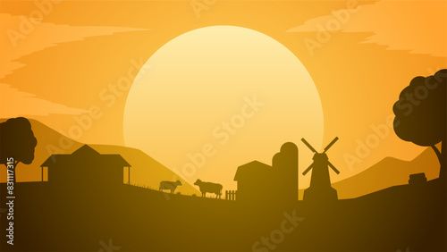 Landscape illustration of farm silhouette with livestock in the sunset