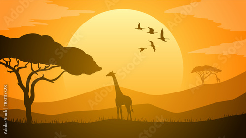 Landscape illustration of savanna field with giraffe and african tree
