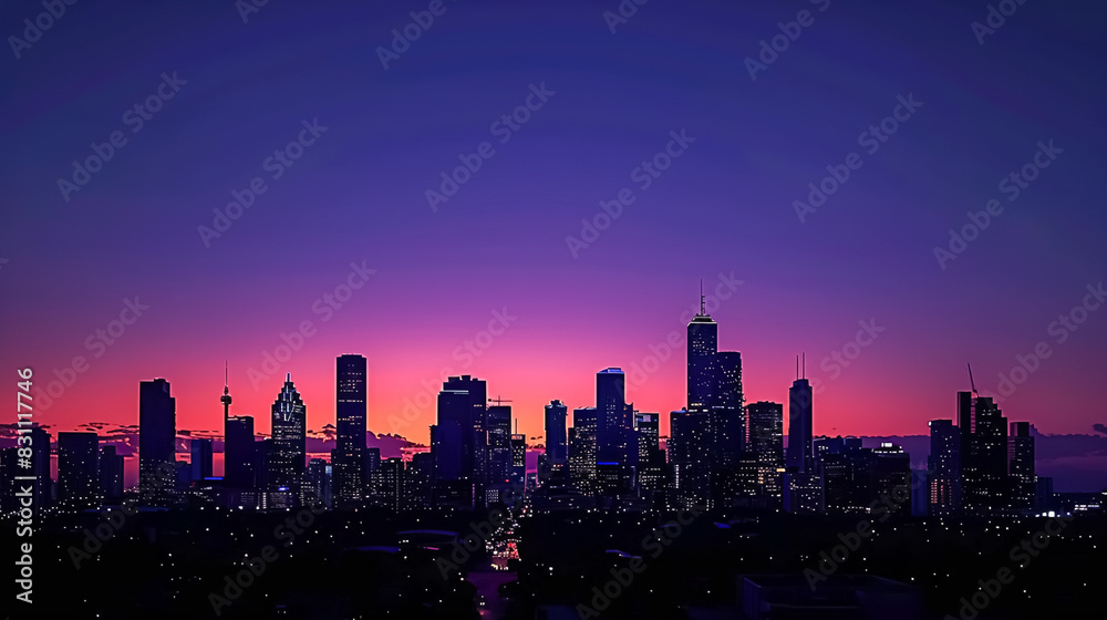 Fototapeta premium Silhouette of a city skyline at dusk, with the buildings' outlines standing starkly against the twilight sky, representing urban life and beauty