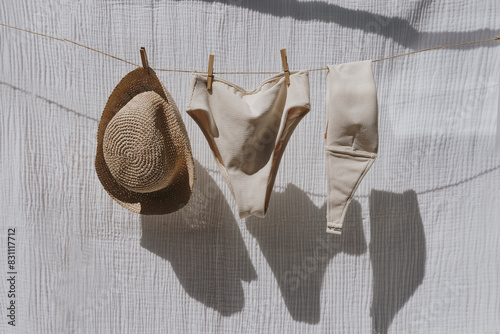 Obraz na plátně Female swimwear and straw hat hanging over white cotton cloth with strong shadows