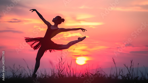 Silhouette of a dancer striking a pose against a backdrop of twilight colors  capturing the grace and beauty of dance