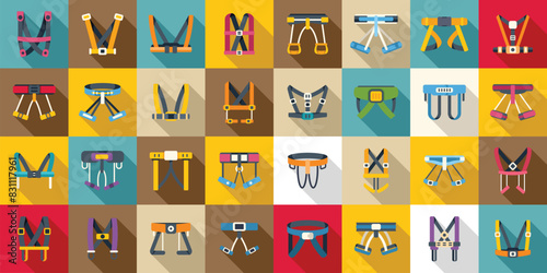 Climbing harness icons set vector. A collection of safety harnesses in various colors and designs. Concept of caution and preparedness for potential hazards