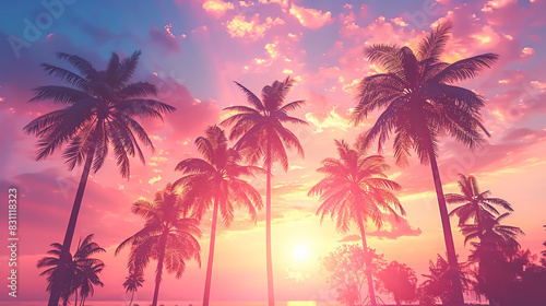 Silhouette of palm trees against a vibrant sunset, evoking feelings of tropical paradise and relaxation © wannapong