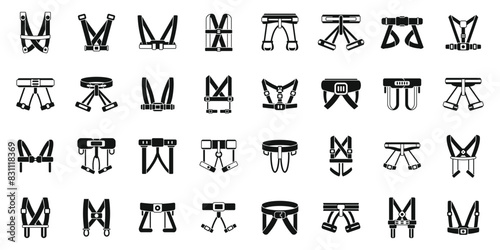 Climbing harness icons set vector. A collection of straps and belts, some of which are designed for use in sports. The straps and belts are of various shapes and sizes, and they are all black. Concept