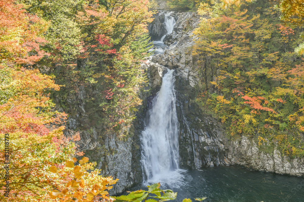 Landscape View Of Beautiful Waterfall (Hottai Falls, Hottai-No-Taki) With Colorful Autumn Leaves At Yurihonjo, Akita, Tohoku, Japan
