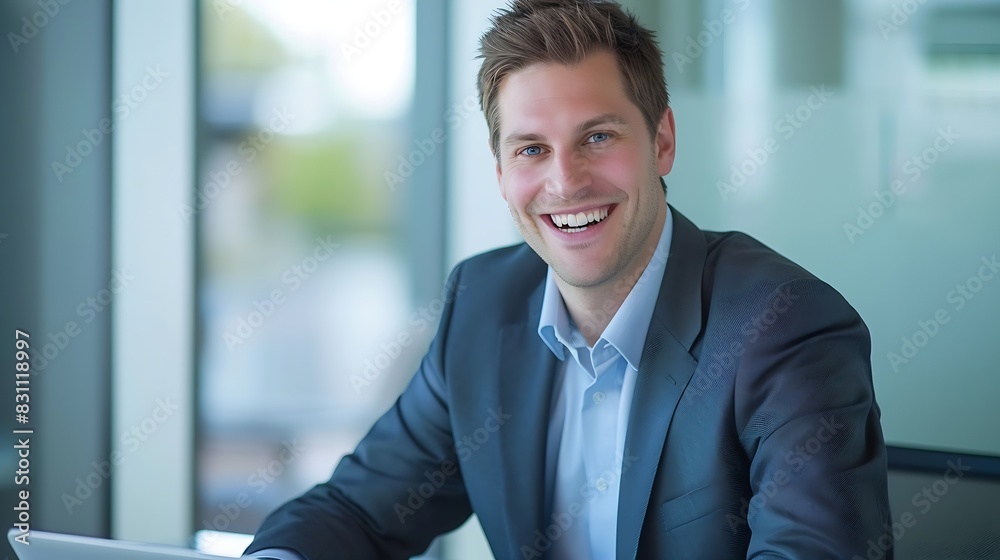 Business man smiling at the camera while sitting in a boardroom during a meeting Happy business professional sitting in a presentation with a laptop : Generative AI Business man smiling at the camera while sitting in a boardroom during a meeting Happy business professional sitting in a presentation with a laptop : Generative AI