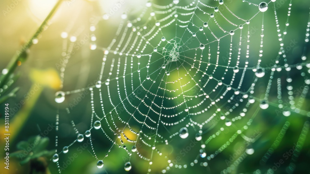 Close-up of raindrops on a spider web, symbolizing the delicate beauty and balance of natural ecosystems