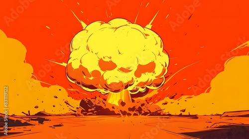 Energetic and lively cartoon portrayal of a nuclear blast, featuring a huge mushroom cloud set against a striking red and orange backdrop, capturing the power and intensity of the explosion