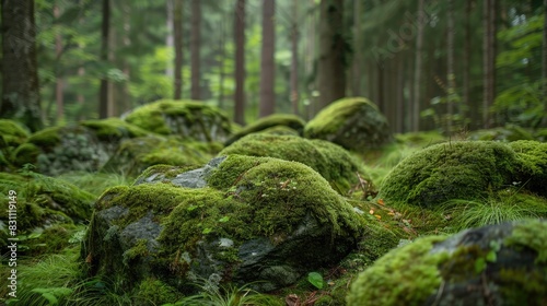 Close-up of moss-covered rocks in a forest, illustrating the richness of forest ecosystems