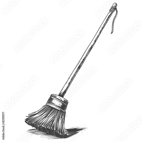 broom cleaning tool with engraving sketch style black color only