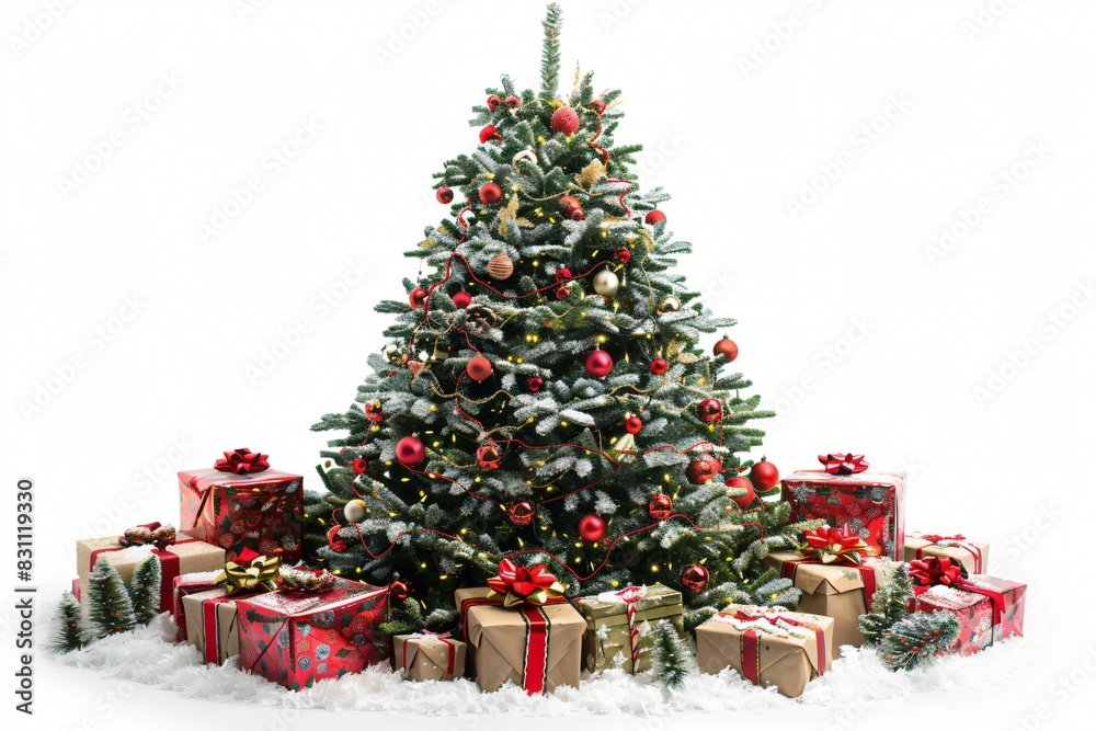 Christmas tree, presents, snow