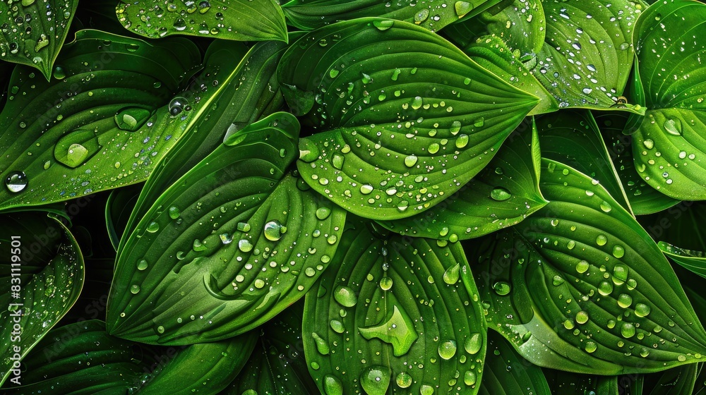 Close-up of rainwater droplets on green leaves, illustrating water conservation and natural hydration